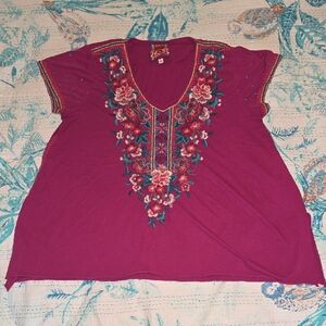 Johnny Was Magenta Floral Embroidered Blouse